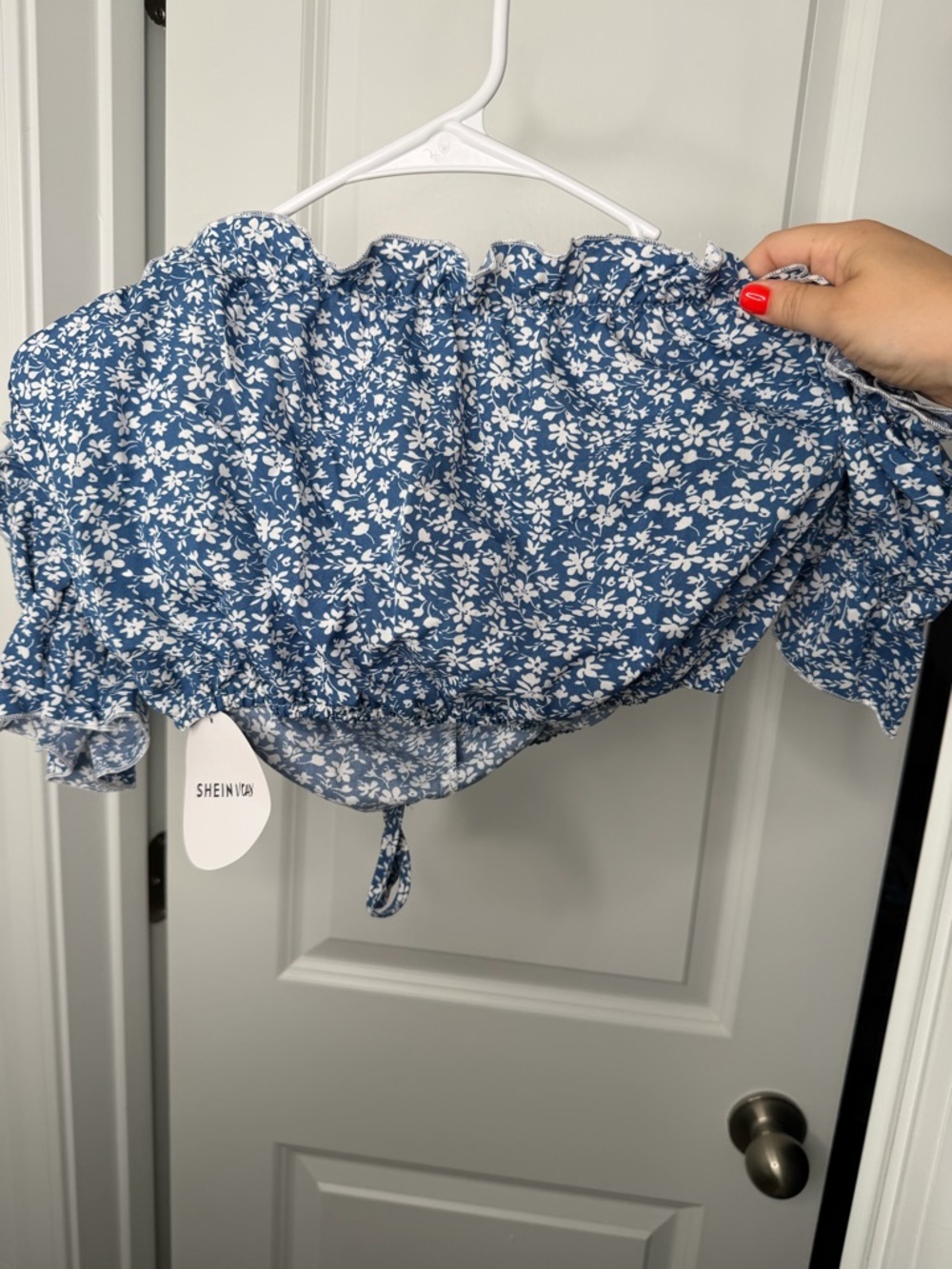 SHEIN Blue and White Floral Off-Shoulder Crop Top